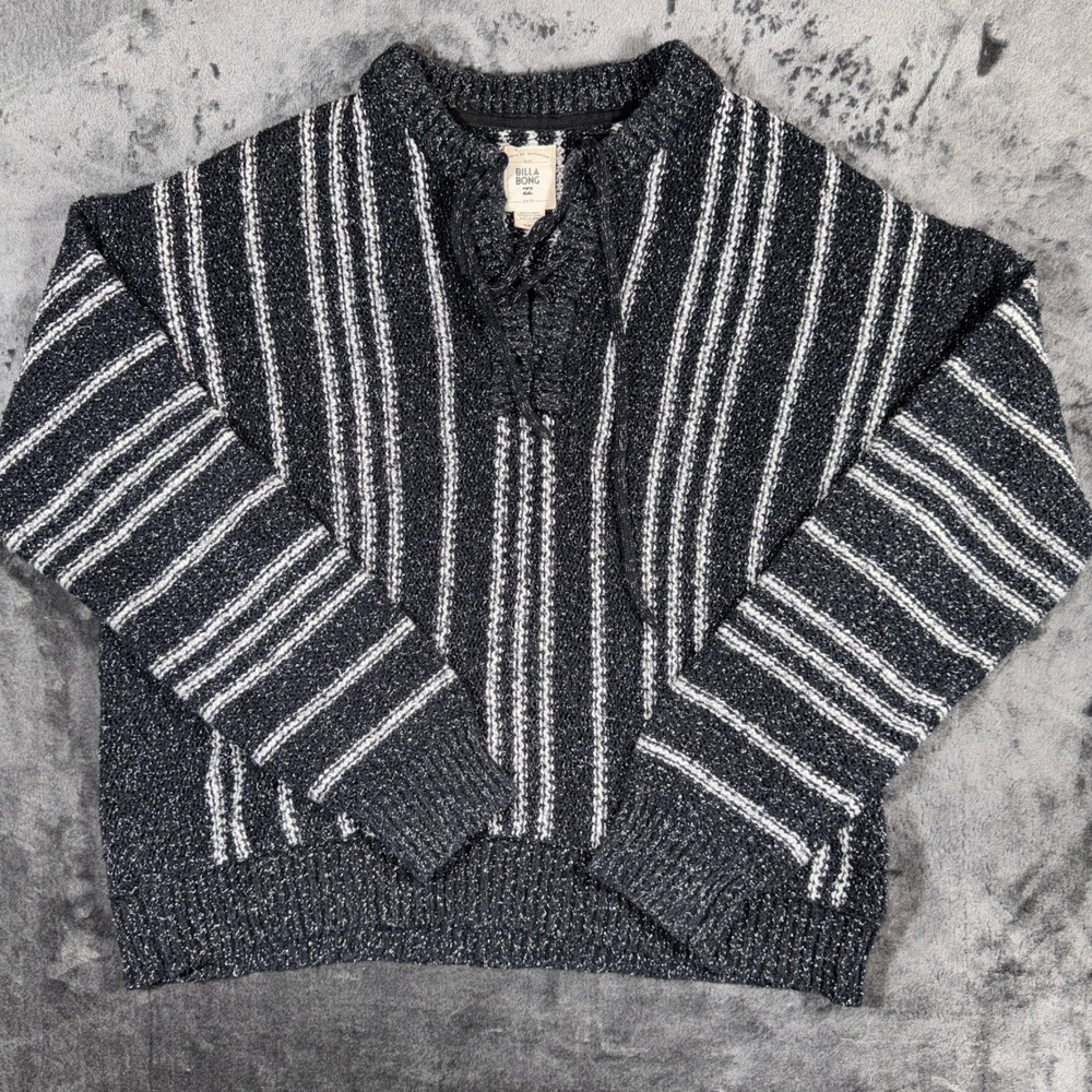 Billabong Mens Stripe Lace Up V-Neck Knit Sweater Black White Medium